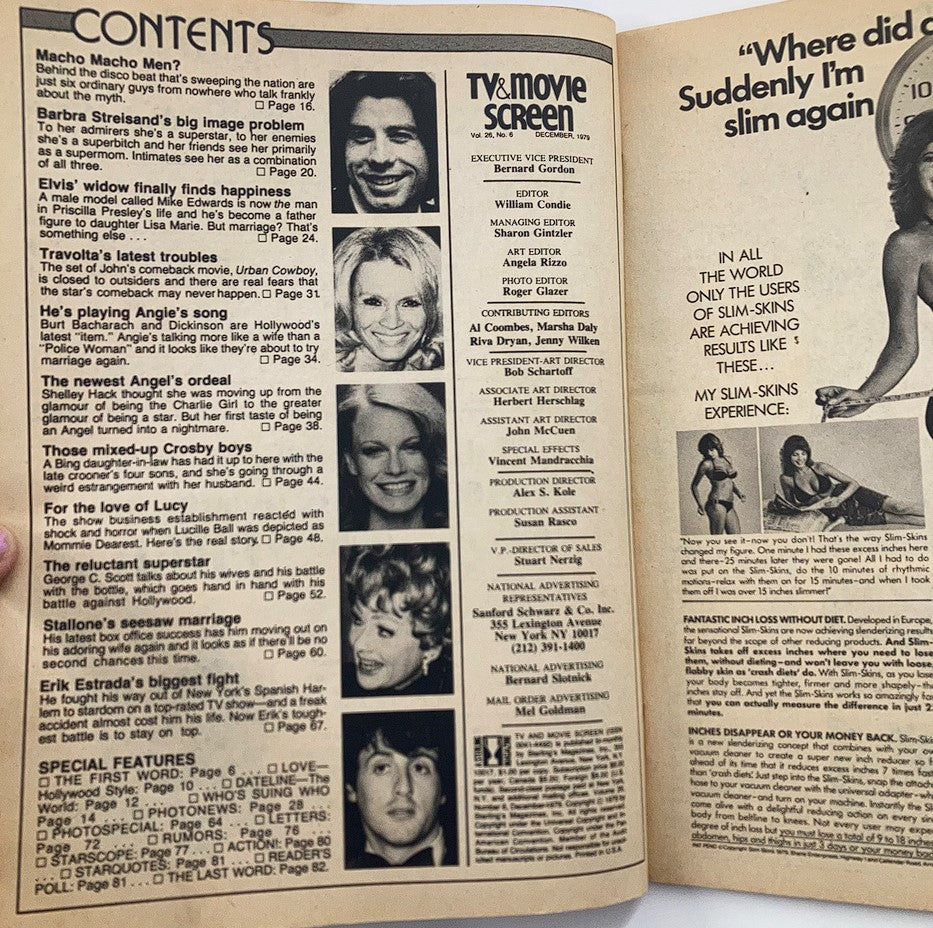 Contents page of VTG TV & Movie Screen Magazine December 1979 Volume 26 Issue 6 showcasing articles about Barbra Streisand and various film stars.