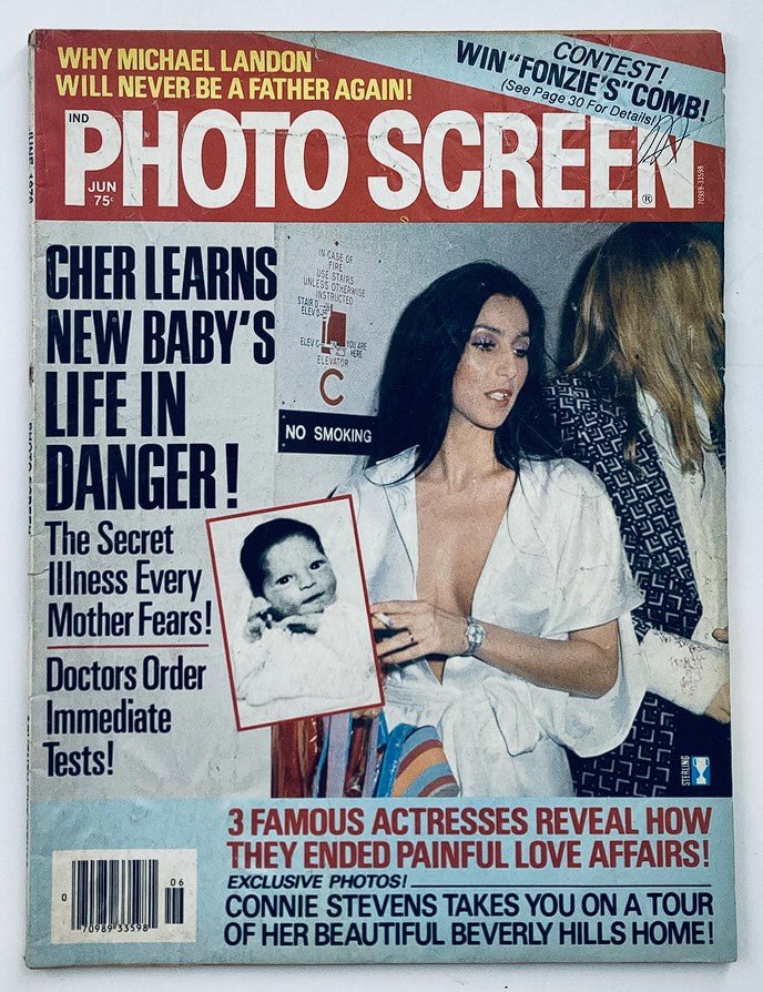Cover of the vintage magazine 'Photo Screen' from June 1976, Volume 11, Issue 7, featuring Cher and Connie Stevens. The cover highlights exclusive articles, including a feature on Cher and the revelation about painful love affairs, set against a vibrant 1970s design.