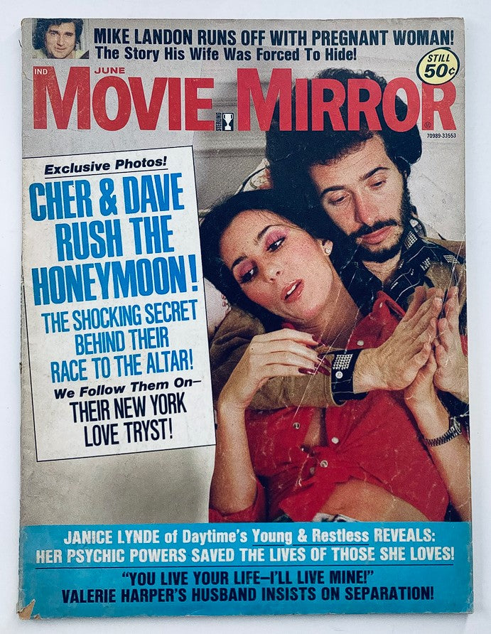 Cover of VTG Movie Mirror Magazine June 1975 Vol 19 #8 featuring Cher and Dave's honeymoon, showcasing exclusive photos and articles about classic Hollywood.
