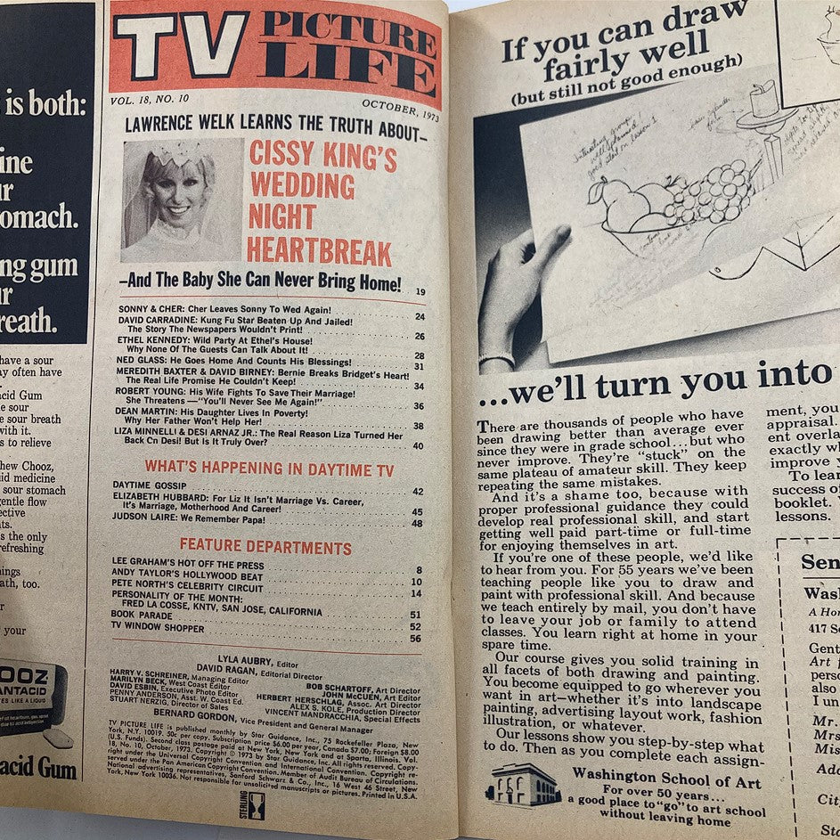 Inside page of VTG TV Picture Life Magazine October 1973 Vol 18 #10 showcasing contents including articles on Cissy King's wedding night and daytime television.