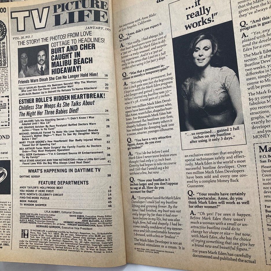 Interior page of VTG TV Picture Life Magazine January 1975 Vol 20 #1, presenting articles and features related to Burt Reynolds and Cher.
