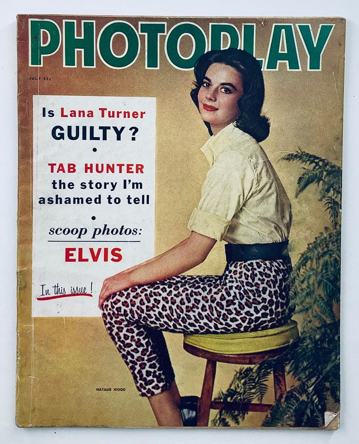 VTG Photoplay Magazine July 1958 featuring a portrait of Natalie Wood on the cover, showcasing her stylish outfit and vintage Hollywood glamour.