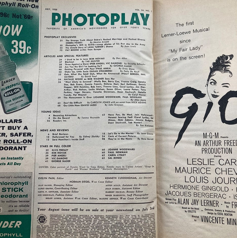 Inside page of VTG Photoplay Magazine July 1958, Vol 54 #1, displaying articles and features from the magazine, including notable stars and film insights.