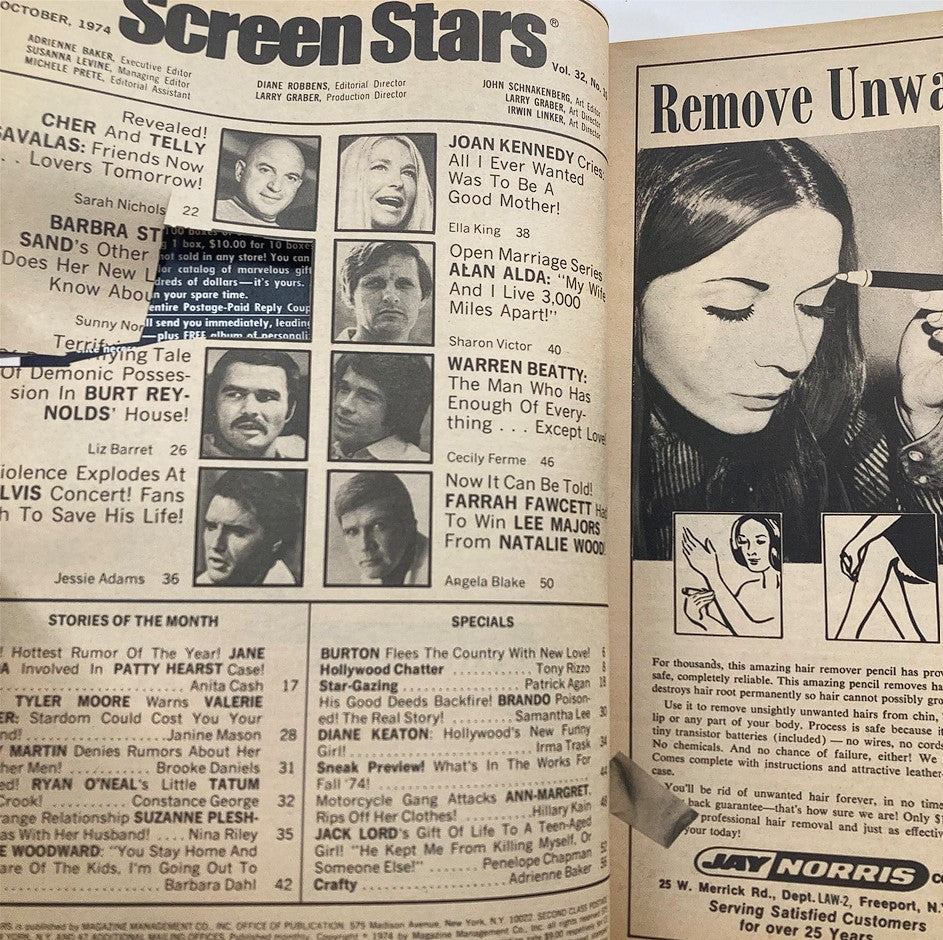 Interior page of VTG Screen Stars Magazine October 1974 showcasing features on celebrities including Joan Kennedy and Warren Beatty, reflecting the entertainment industry of the 1970s.