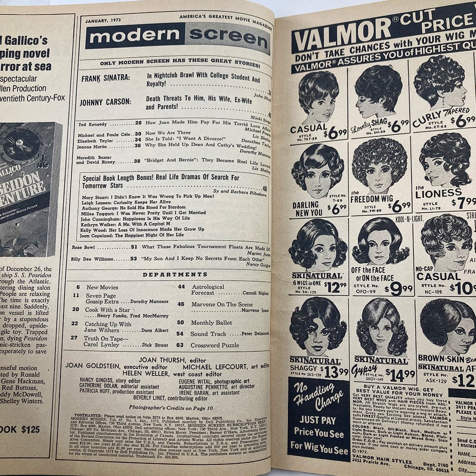 Interior pages of VTG Modern Screen Magazine January 1973 Vol 67 #1 displaying articles and advertisements, providing insight into Hollywood culture and trends of the 1970s.