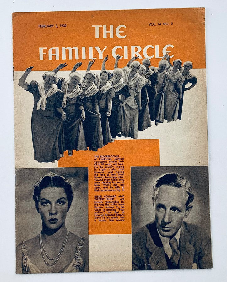 Cover of VTG The Family Circle Magazine February 3 1939 featuring the title 'The Family Circle' in bold with an orange background and illustrations of women in historical attire.