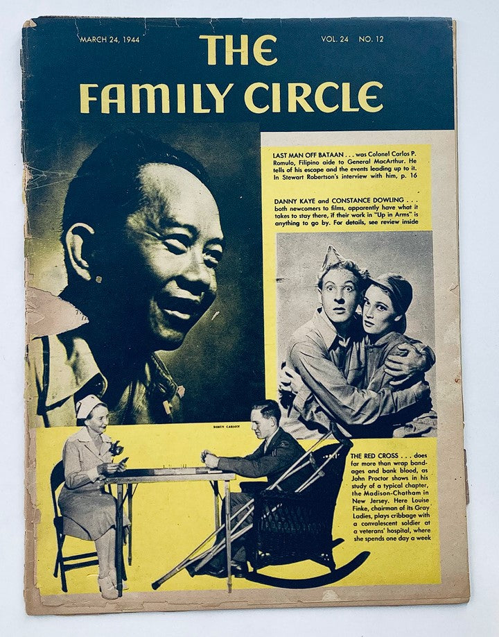 Cover of VTG The Family Circle Magazine March 24 1944 Vol 24 #12 featuring Carlos Romulo and articles about notable figures like Danny Kaye, Constance Dowling, and themes related to the Red Cross during the 1940s.