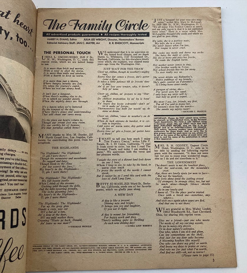 Interior page of VTG The Family Circle Magazine February 3 1939 detailing 'The Personal Touch' section with a vintage layout, showcasing various articles and contributions.