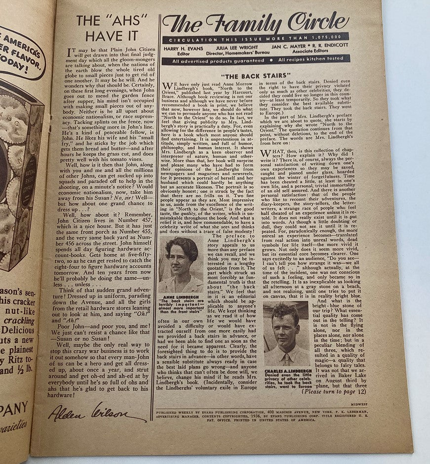 Interior page of VTG The Family Circle Magazine May 1 1936 Vol 8 #18 discussing influential families, including a feature on The Lindberghs with accompanying text.