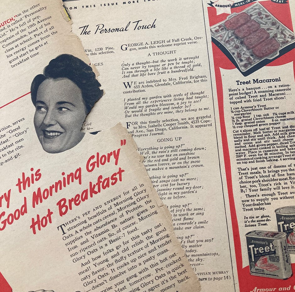 Interior page from VTG The Family Circle Magazine March 24 1944 featuring a smiling woman and recipes for hot breakfasts, showcasing vintage advertising and articles.