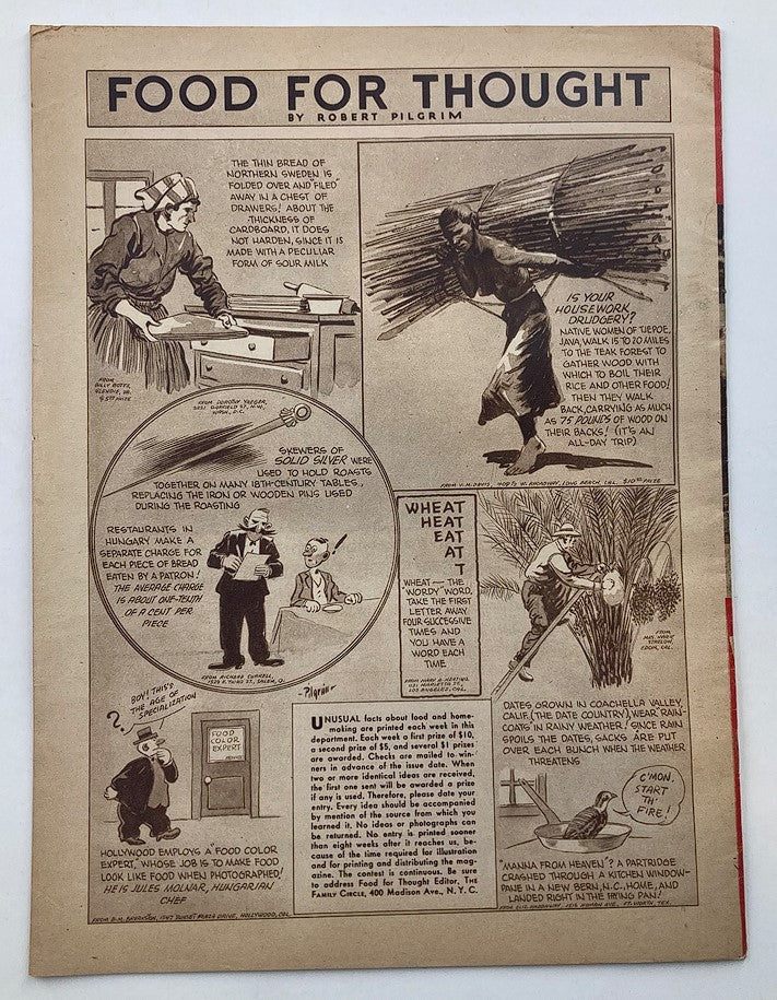 Another interior page of VTG The Family Circle Magazine May 1 1936 Vol 8 #18 titled 'Food for Thought' with illustrations and articles related to cooking and food history.