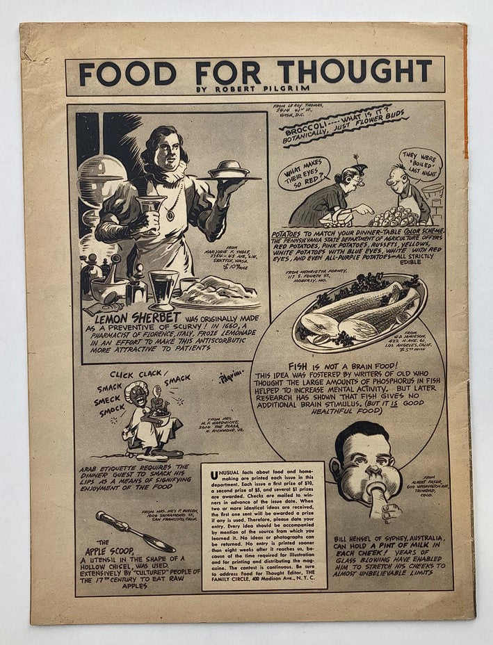 Another interior page of VTG The Family Circle Magazine February 3 1939 titled 'Food for Thought' featuring illustrations and humorous commentary on food and nutrition.
