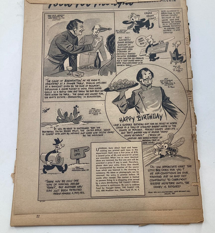 Back page of VTG The Family Circle Magazine March 24 1944 displaying a humorous cartoon and food-related tips, reflecting the vintage style of the 1940s.