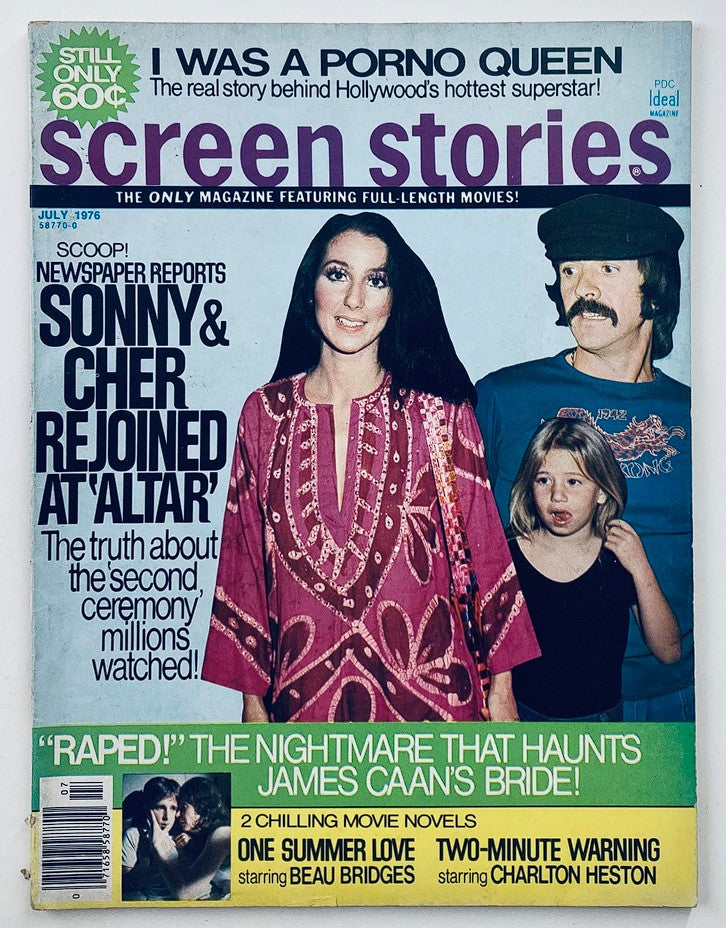 Cover of VTG Screen Stories Magazine July 1976 Vol 75 #7 featuring Sonny and Cher. The magazine includes articles on their cultural impact, entertainment industry insights, and highlights of 1970s celebrity moments.
