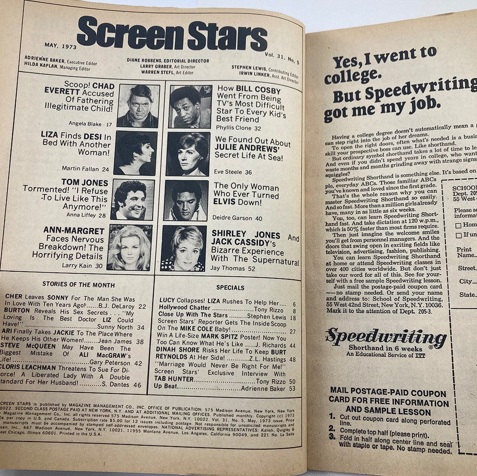 Inside page of VTG Screen Stars Magazine May 1973 displaying articles and features related to celebrities, including Cher and Sonny.