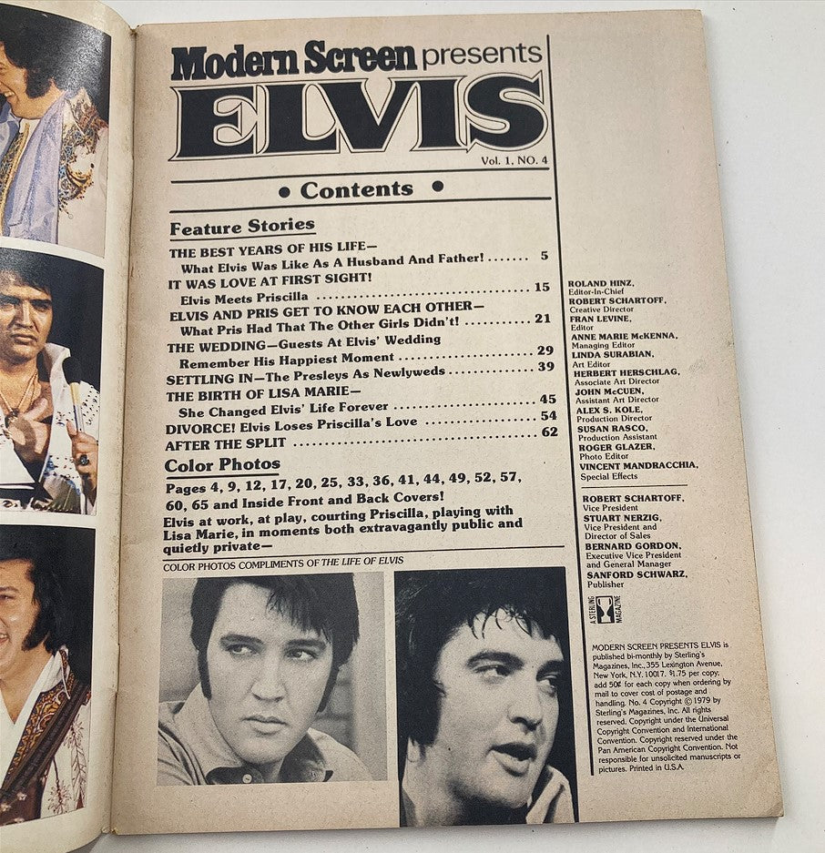 Inside contents page of VTG Modern Screen Magazine 1979 No. 4 showcasing feature stories about Elvis Presley, including personal insights and color photos.