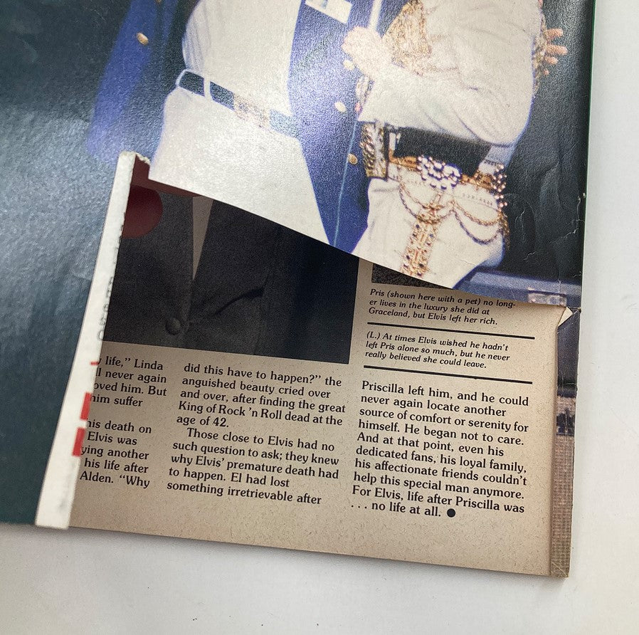 Detail of the back page of VTG Modern Screen Magazine 1979 No. 4 with torn edge, featuring text about Elvis Presley's life and relationships.