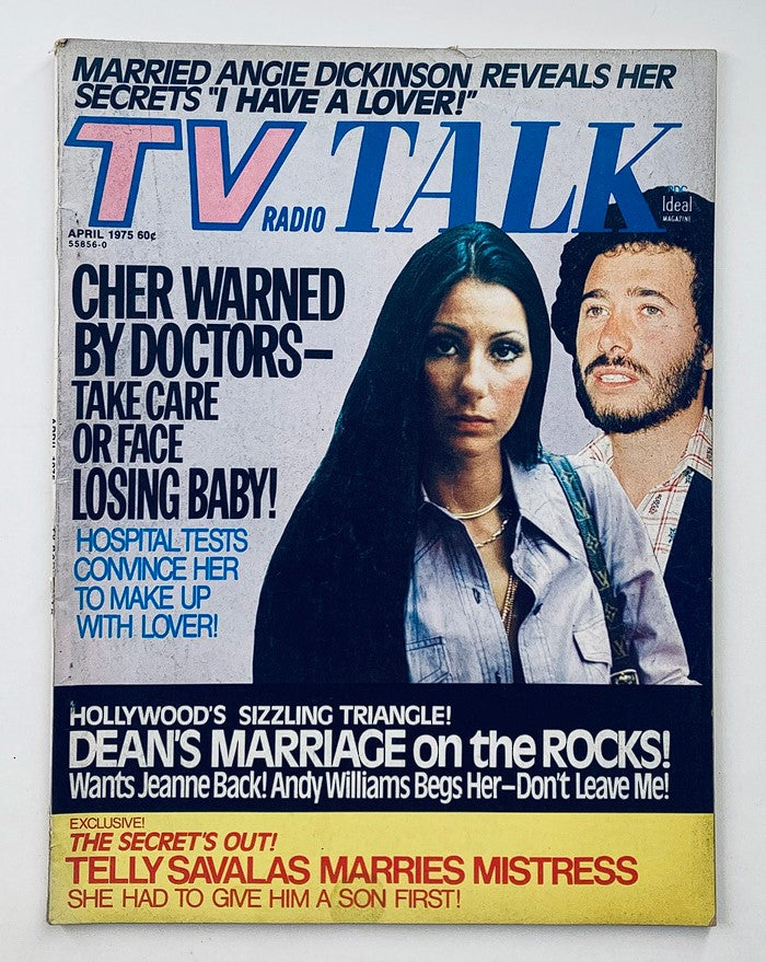 VTG TV Radio Talk Magazine April 1975 Vol 8 #7 featuring Cher on the cover with the headline 'Cher Warned by Doctors - Take Care or Face Losing Baby!'. The magazine showcases issues from the 1970s entertainment scene.
