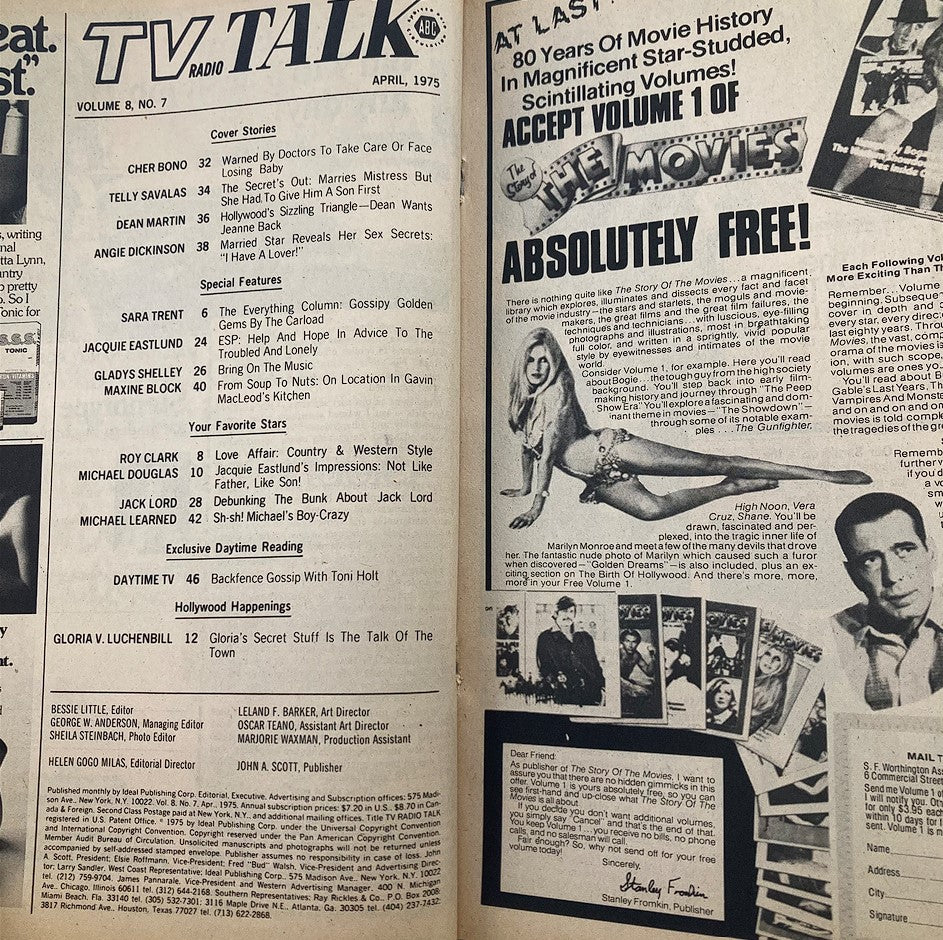 Inside page of VTG TV Radio Talk Magazine April 1975 Vol 8 #7, displaying articles and advertisements from the era, including a cover story on Cher and feature stories related to popular stars of that time.
