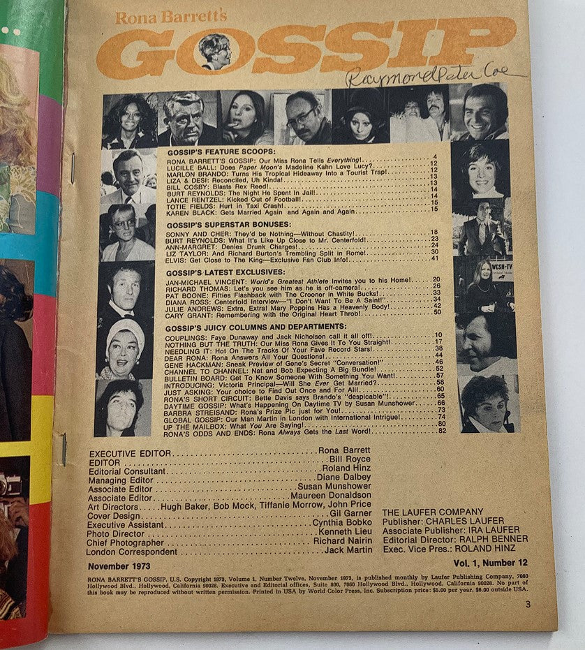 Page from VTG Rona Barrett's Gossip Magazine November 1973 Vol 1 #12 featuring headlines, celebrity names, and gossip columns. The layout includes a list of features and departments, showcasing the vibrant pop culture of the 1970s.