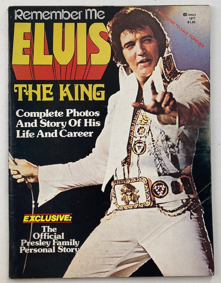 VTG 1977 Remember Me Elvis The King Magazine cover featuring a vibrant design and an image of Elvis Presley, showcasing complete photos and story of his life and career.
