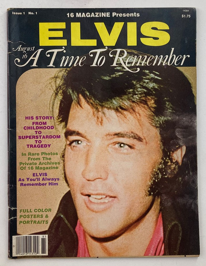 Cover of VTG 16 Magazine 1978 No. 1 Elvis Presley A Time To Remember featuring Elvis's portrait, with headlines about his story and rare photos from his life.