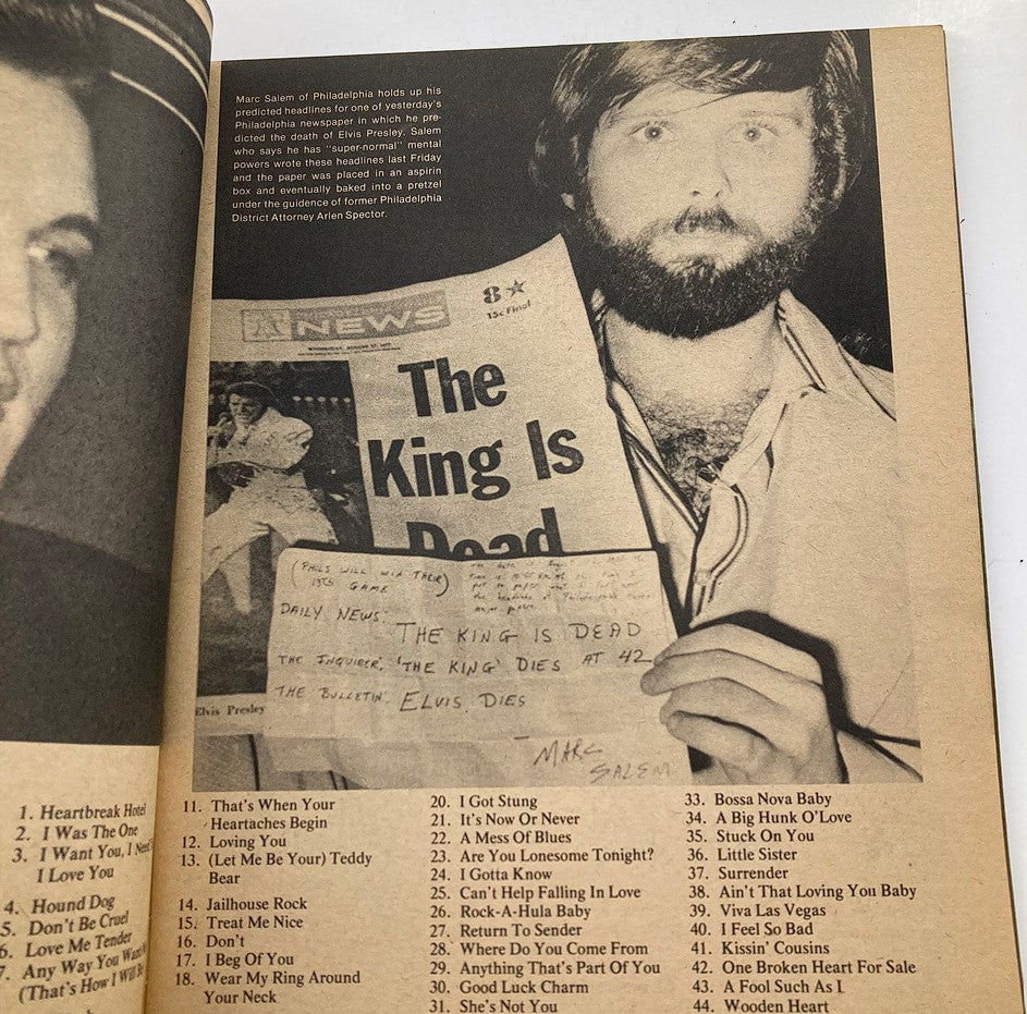 VTG 1977 Remember Me Elvis The King Magazine cover featuring a newspaper article titled 'The King Is Dead' held by a man. The image captures a significant moment in Elvis Presley history, reflecting the impact of his legacy.