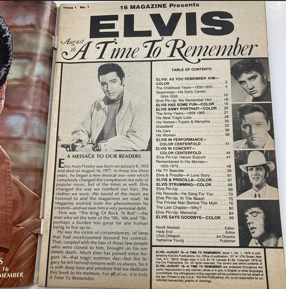 Inside page of VTG 16 Magazine 1978 No. 1 Elvis Presley A Time To Remember, showcasing the table of contents and a message to readers about Elvis's impact on music.