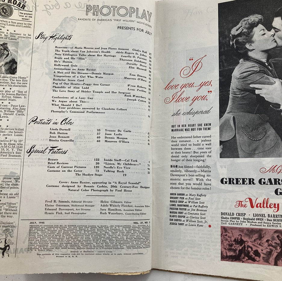 Interior page of VTG Photoplay Magazine July 1945, displaying story highlights and features including 'A Royal Scandal' with Anne Baxter.