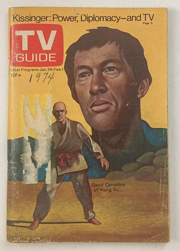 TV Guide Magazine January 26 1974 issue #1087 featuring David Carradine on the cover, showcasing a vintage design with artwork reflecting 1970s pop culture.
