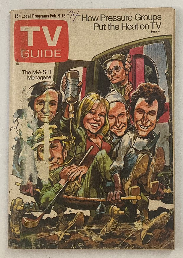 Cover of TV Guide Magazine February 9, 1974 featuring Alan Alda and McLean Stevenson from M*A*S*H, showcasing vibrant 1970s television art style.