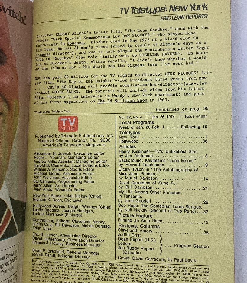 TV Teletype section from TV Guide Magazine January 26 1974 issue #1087 featuring details about television programming and articles, including mentions of David Carradine of Kung Fu, reflecting 1970s television culture.