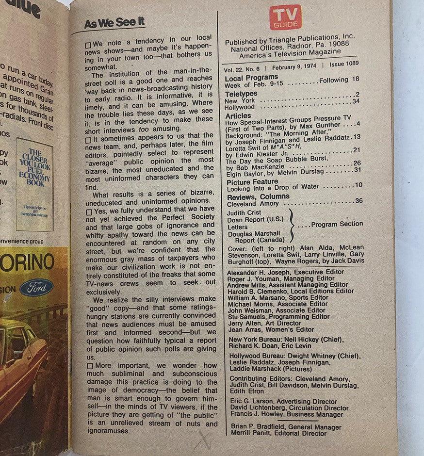 Inside page of TV Guide Magazine February 9, 1974 detailing articles, program listings, and editorial content, reflecting the television landscape of the era.