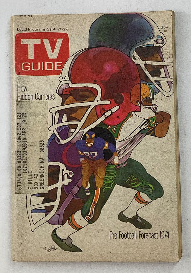 Cover of TV Guide Magazine September 21, 1974 featuring a vibrant illustration of football players, highlighting the Pro Football Forecast for the 1974 season, emphasizing football culture in New Jersey and Pennsylvania.