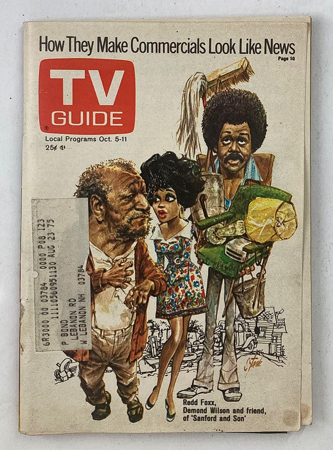 TV Guide Magazine October 5 1974 featuring Redd Foxx, Demond Wilson, and a woman on the cover. The illustration captures a comedic moment reflecting the popular sitcom culture of the 1970s.
