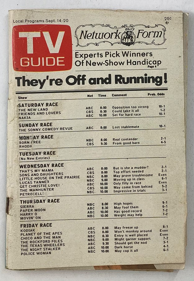 Cover of TV Guide Magazine September 14 1974 Network Form edition showcasing television listings and programming from that era.