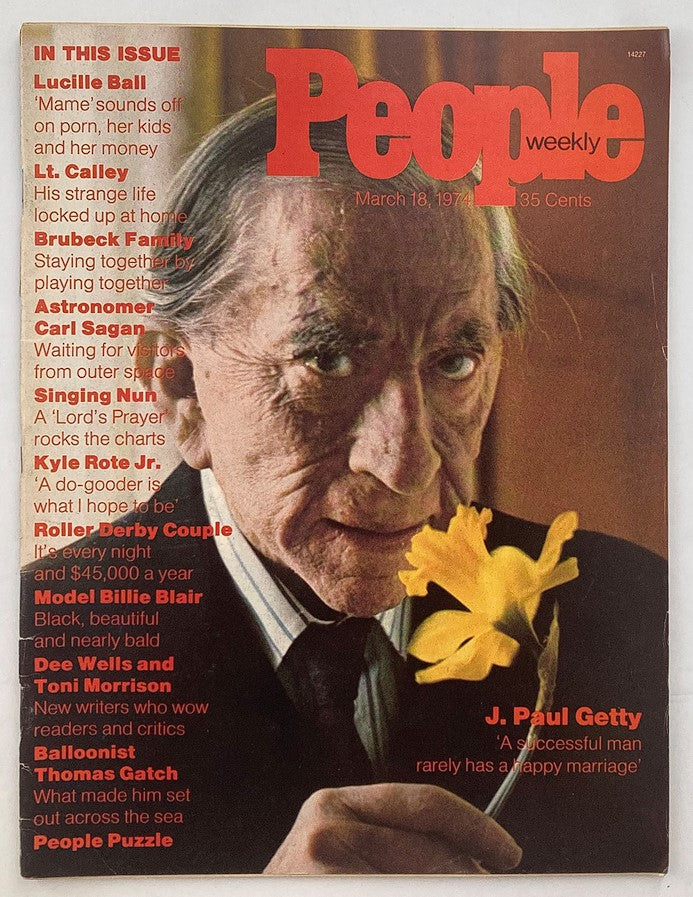 Cover of People Weekly Magazine from March 18, 1974, featuring J. Paul Getty with a flower, insights into his life and society in the 1970s.