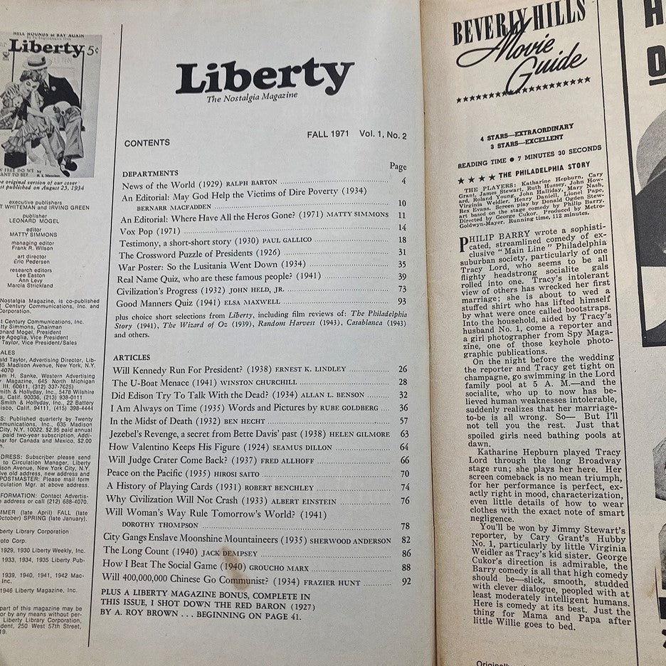 Inside page of VTG Liberty Magazine Then & Now Fall 1971 displaying the contents and articles, including works by notable authors and a movie guide.