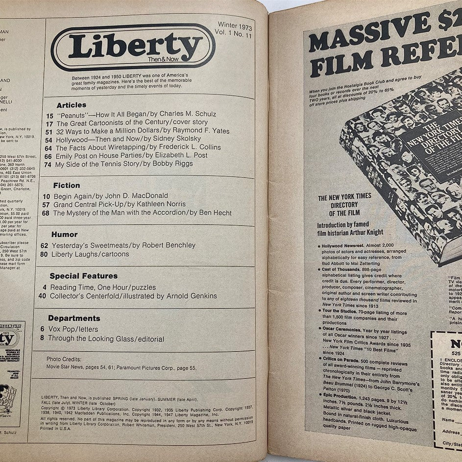 Interior page of VTG Liberty Magazine Winter 1973 Vol 1 #11 displaying the table of contents, including articles and features related to Peanuts and notable stories.