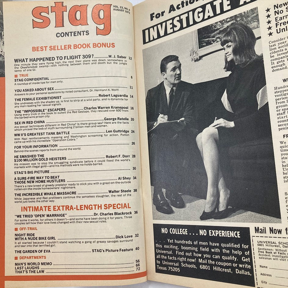 Inside spread of VTG Stag Magazine August 1972 Vol 23 No. 8 displaying the contents page, showcasing articles such as "The Female Exhibitionist" and "The Garden of Eva", reflecting on the era's cultural narrative.