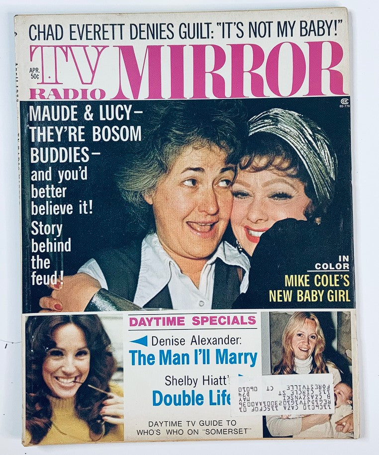 VTG TV Radio Mirror Magazine April 1973 cover featuring Denise Alexander with cast members from Maude and Lucy, highlighting their friendship and notable stories of the era.