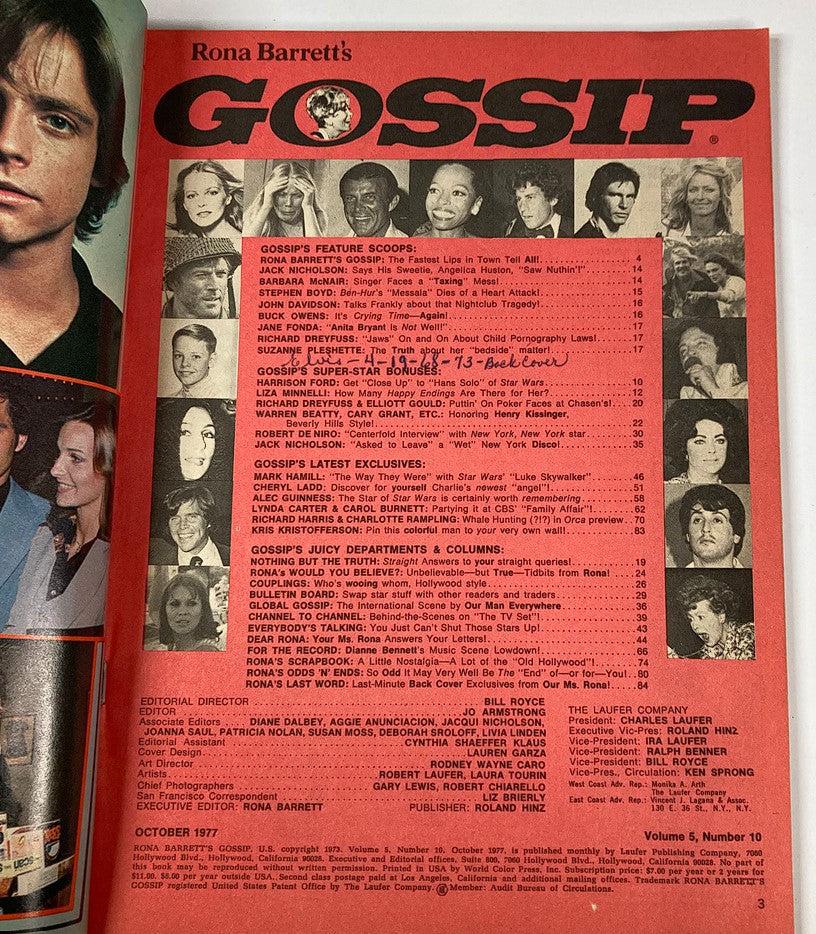Inside page of Rona Barrett's Gossip Magazine October 1977 showcasing feature scoops, celebrity interviews, and columns from the glamorous era.