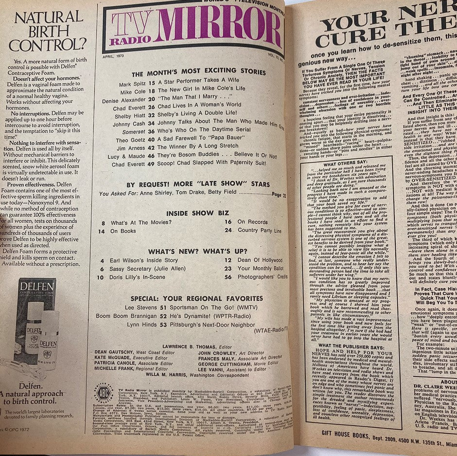 Inside page of the VTG TV Radio Mirror Magazine April 1973, showcasing exciting stories and highlights from the magazine, including interviews and articles about classic television.