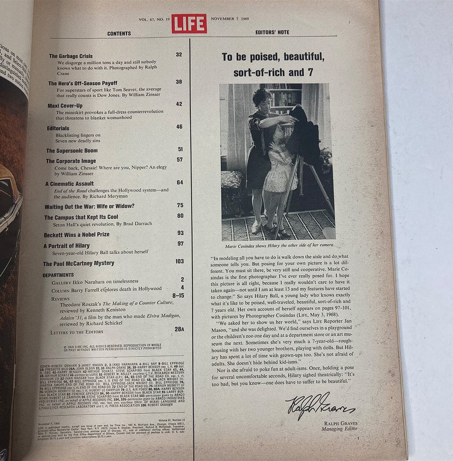 Contents page of Life Magazine, November 7, 1969, detailing articles including 'The Paul McCartney Mystery' alongside other cultural commentary.