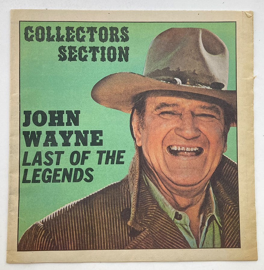 VTG 1979 Modern People Newspaper Magazine featuring John Wayne on the cover, titled 'Last of the Legends', showcasing a smiling Wayne wearing a cowboy hat and a striped suit.