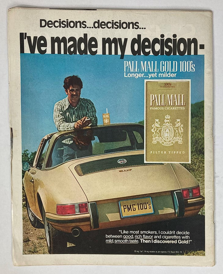 Advertisement page in VTG Life Magazine October 29, 1971, Vol 71 #18 showcasing Pall Mall Gold 100's cigarettes with a vintage car.