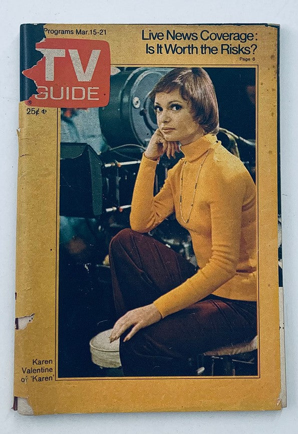Cover of TV Guide Magazine March 15 1975 featuring Karen Valentine, showcasing vintage television history with a photograph of Karen in a stylish yellow turtleneck sitting in front of a camera.