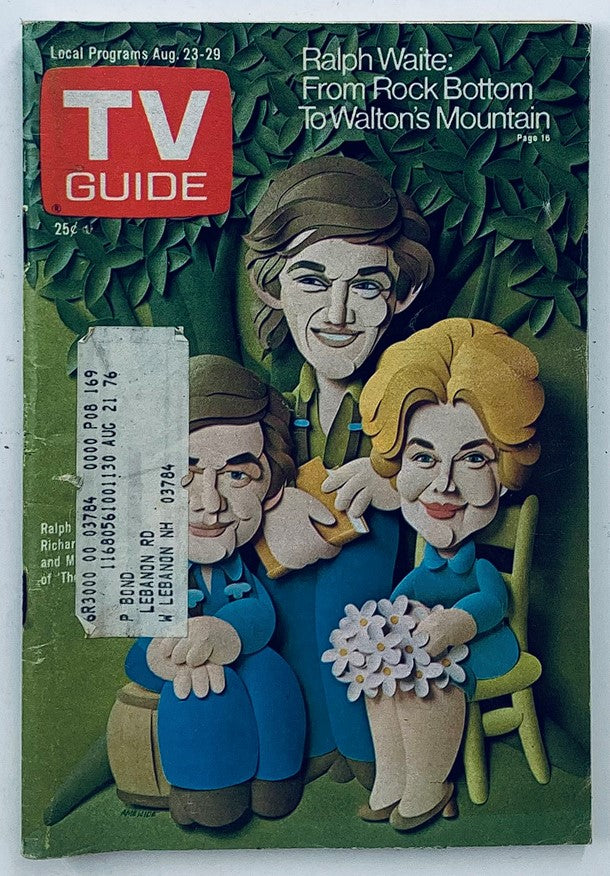 Vintage TV Guide Magazine cover from August 23, 1975, featuring Ralph Waite and Richard Thomas, highlighting New Hampshire. The cover illustration shows caricatures of the actors, capturing the essence of 1970s television and culture.