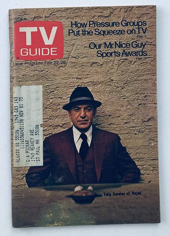 Cover of TV Guide Magazine February 22, 1975 featuring Telly Savalas in the Minneapolis-St. Paul edition, highlighting entertainment topics from the mid-70s.