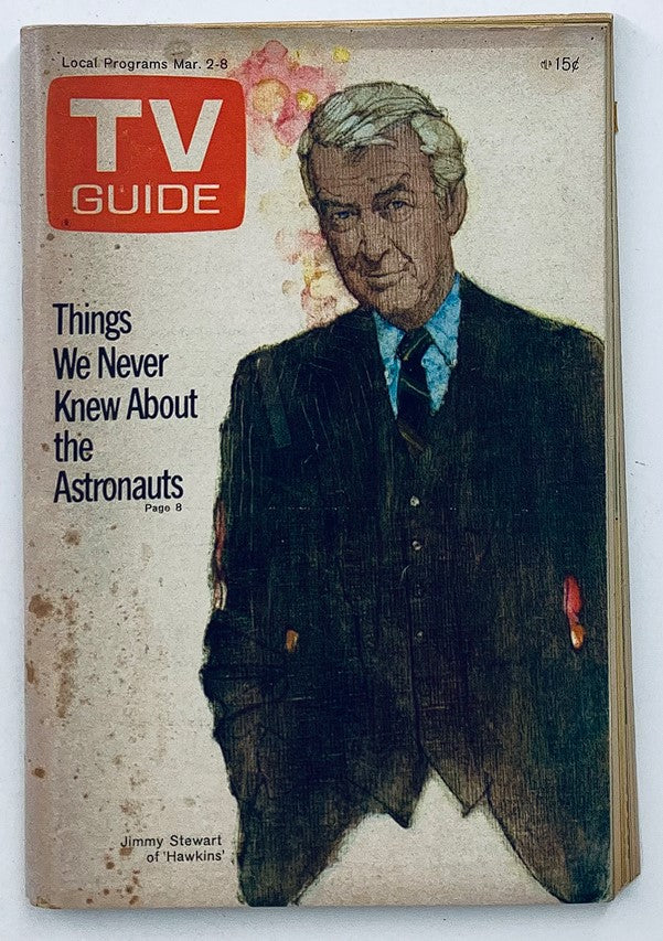 Cover of TV Guide Magazine March 2, 1974 featuring Jimmy Stewart. The cover highlights an illustration of Stewart alongside the title 'Things We Never Knew About the Astronauts'.